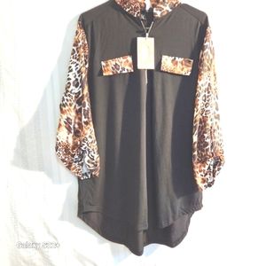 ST JUBILEENS  WOMEN'S Roll UP 3/4 SLEEVE V-NECK  LEOPARD PRINT TUNIC SIZE 2XL
